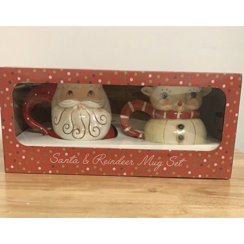 Johanna Parker Christmas Holiday Red Santa & Reindeer Christmas Large Mug Set